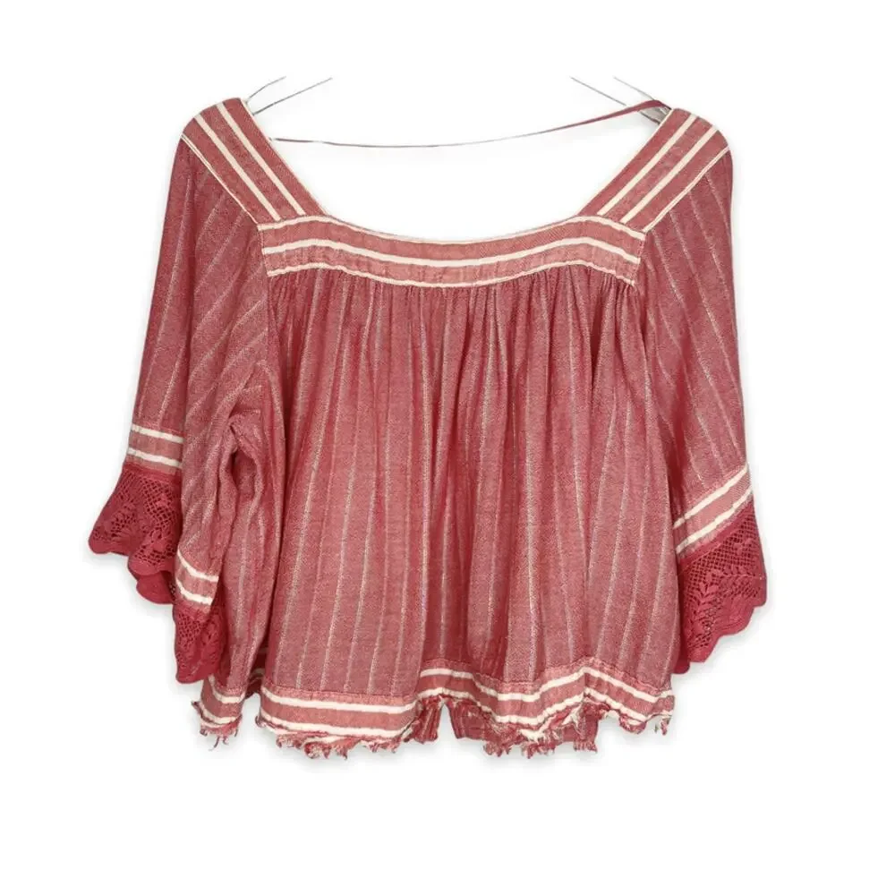 Free People See Saw Red Striped Raw Hem Top Sz Small